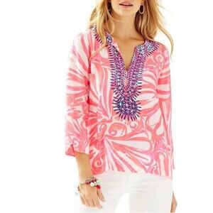 Lilly Pulitzer Amelia Island 100% Silk Tunic Blouse 3/4 sleeves Small